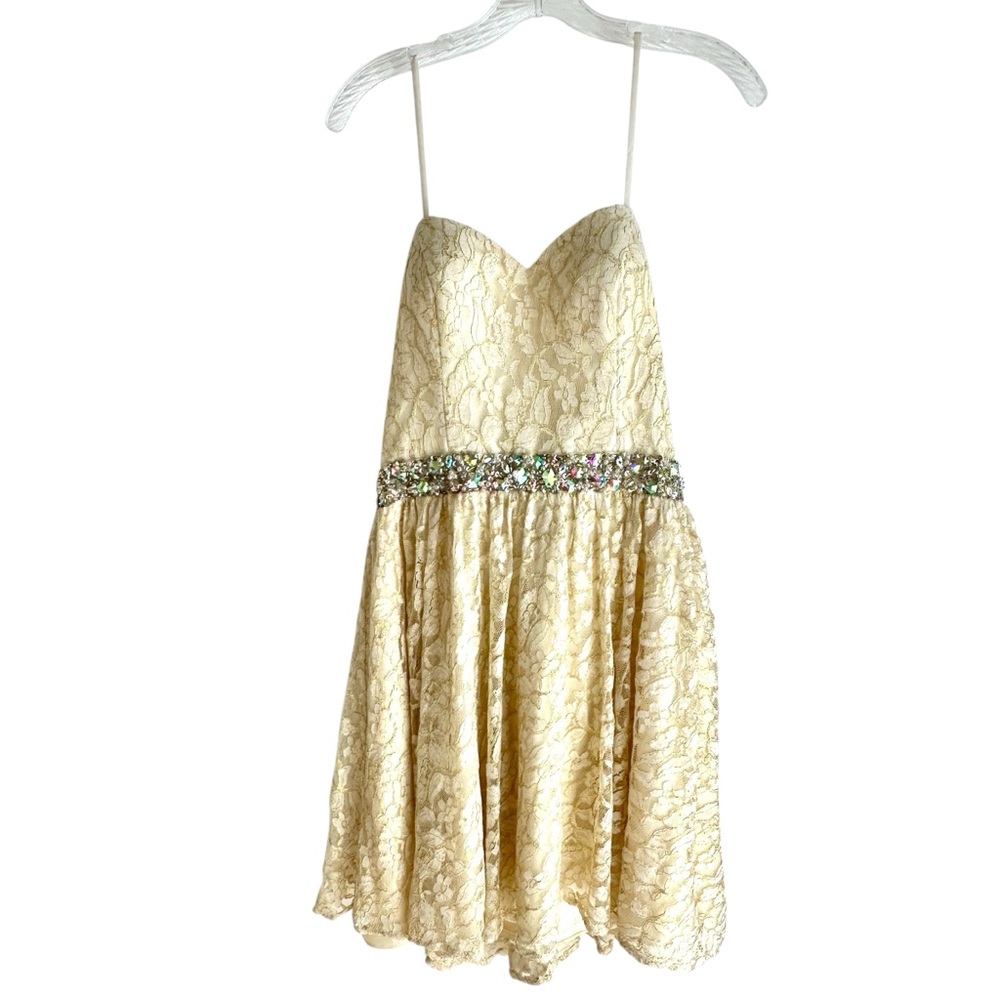 Faviana Off White Gold Metallic Crystal Embellished Strapless Dress Size 12